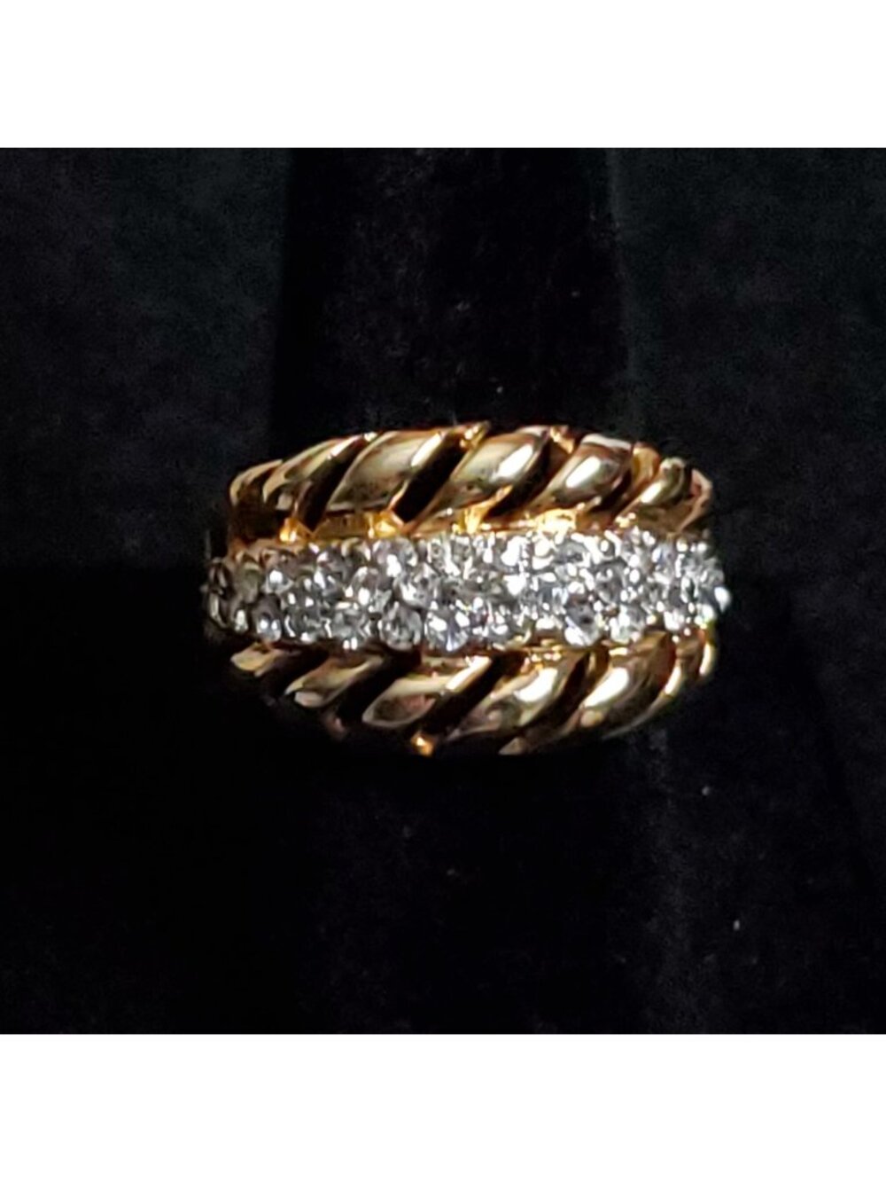 Vintage Rhinestone Cocktail Ring Sz 6 Gold Tone Wide Band